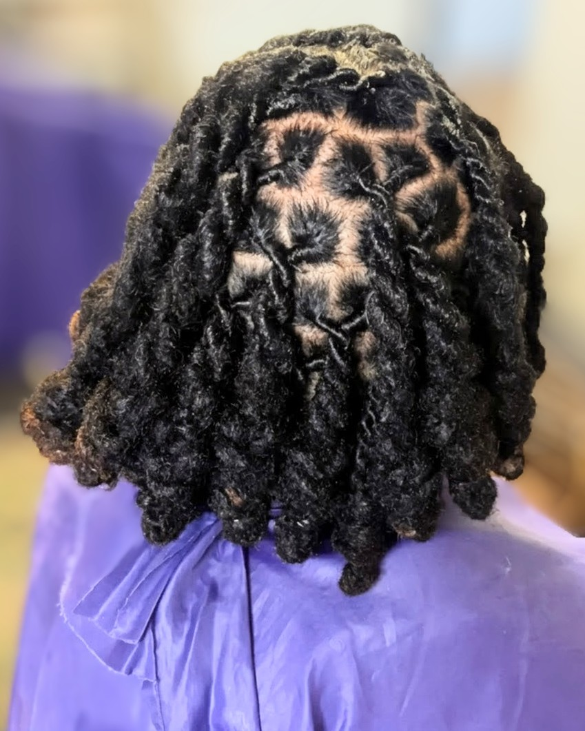 Back view of a person with dark hair styled in defined, uniform two-strand twists sectioned into a diamond pattern.
