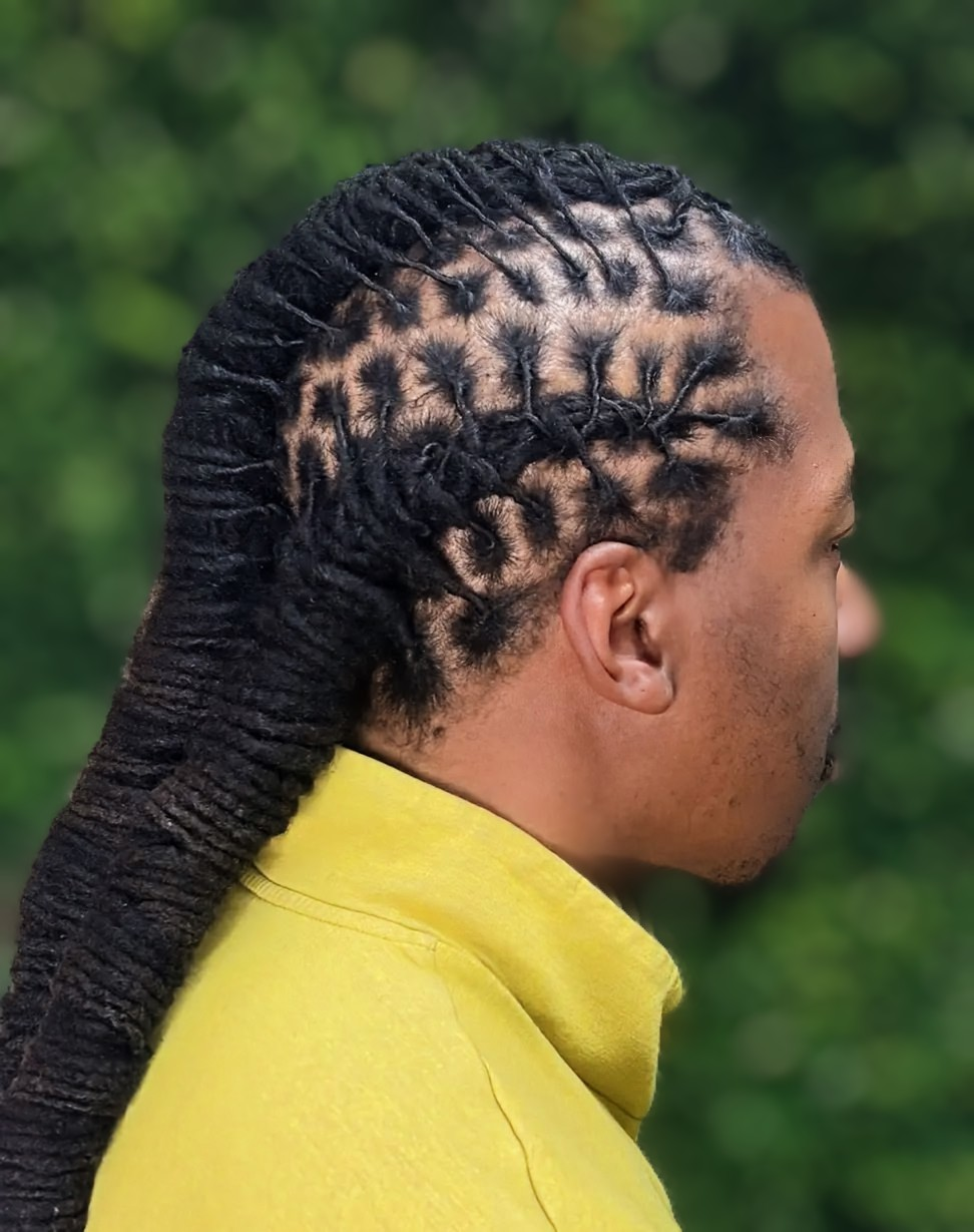 A profile view of a person with a mohawk-style hairstyle featuring intricate cornrows leading into long, dark dreadlocks.