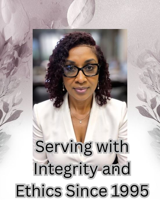A person wearing glasses and a white blazer, centered against a floral background with the text: