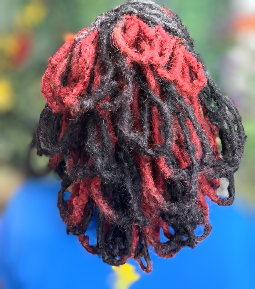 A person's hair styled in locs that are colored in alternating vibrant red and natural black.