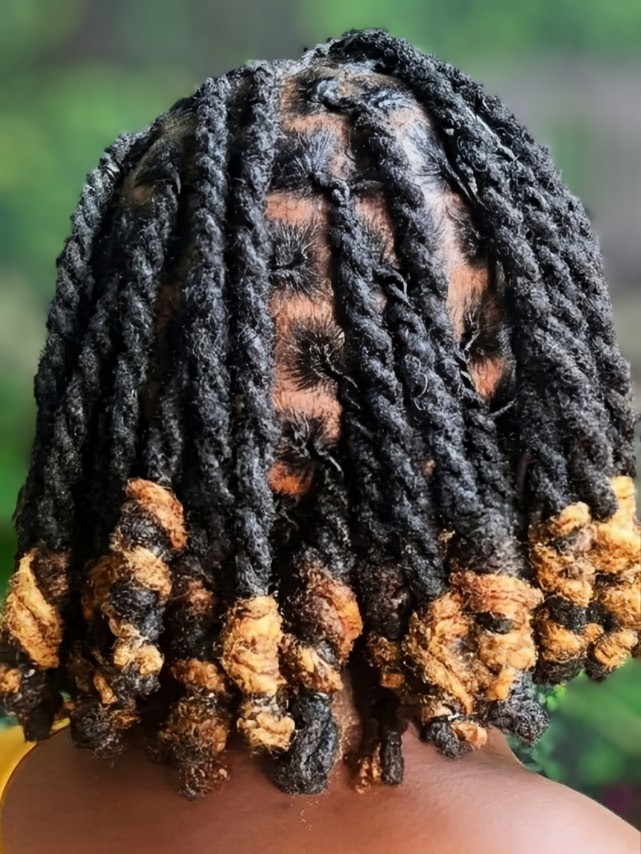 Back view of shoulder-length, dark-colored twists with light-brown curled ends.