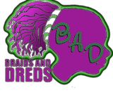 A purple logo for Braids and Dreads with green trim, featuring a stylized head silhouette and the acronym B.A.D.
