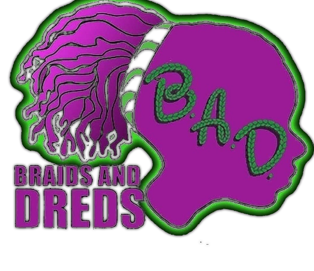 A purple logo for Braids and Dreads with green trim, featuring a stylized head silhouette and the acronym B.A.D.