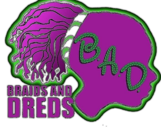 A purple logo for Braids and Dreads with green trim, featuring a stylized head silhouette and the acronym B.A.D.