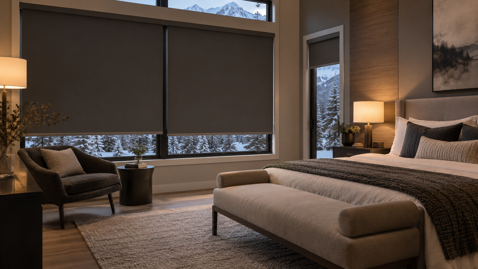 Modern bedroom with a large bed, lounge chair, floor lamp, and window shades