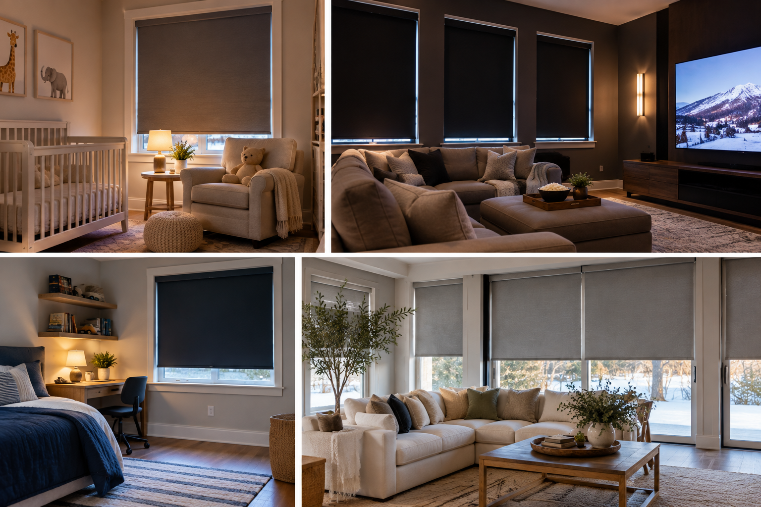 Collage of stylish living rooms with beige sofas, warm lamps, and large windows with blackout shades.