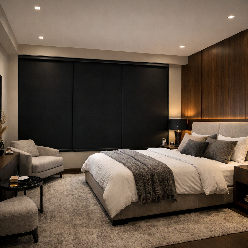Modern bedroom with a large bed, gray chair, blackout window shades, and recessed ceiling lights