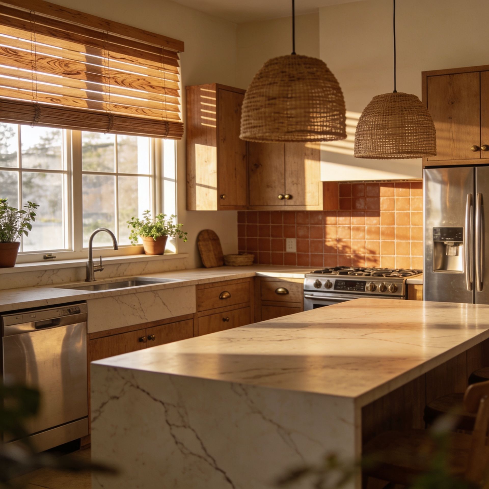 Warm kitchen with wooden cabinets, pendant lights, marble island, and sunlit window with wood blinds.