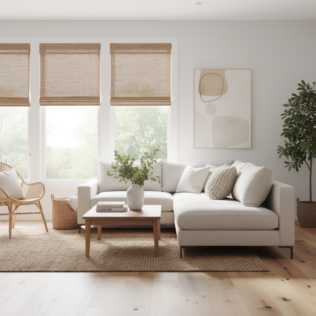 Bright, airy living room with a white sectional, wooden coffee table, woven blinds, and neutral decor.
