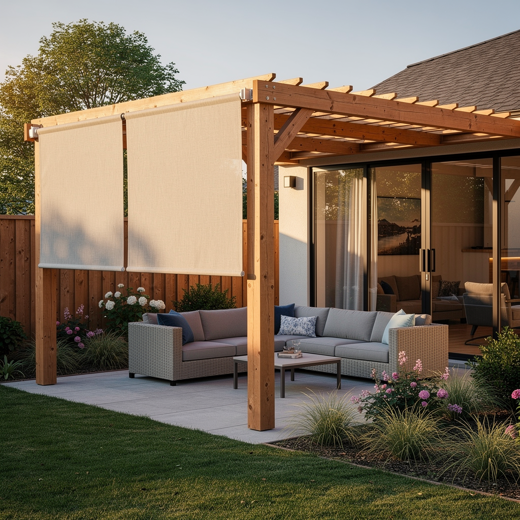 Modern patio with wooden pergola, motorized solar shades, and gray outdoor seating beside a home garden