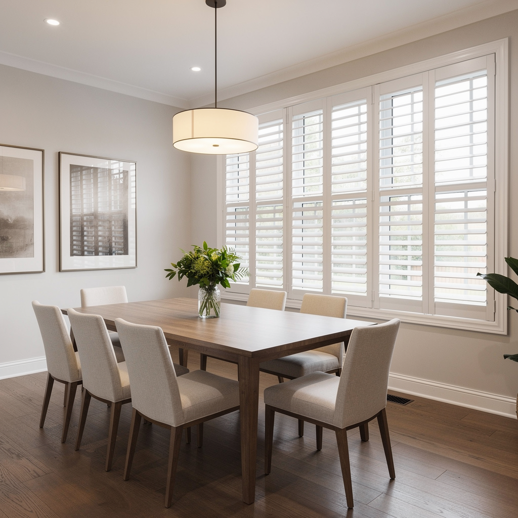 Modern dining room with a wooden table, beige chairs, and large white window shutters