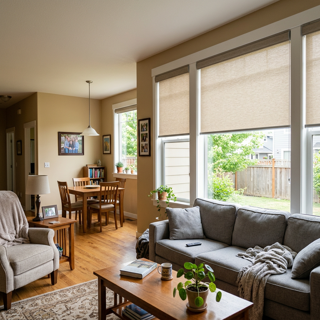 Bright living room with gray sofa, wooden coffee table, dining nook, and large windows with roller shades.