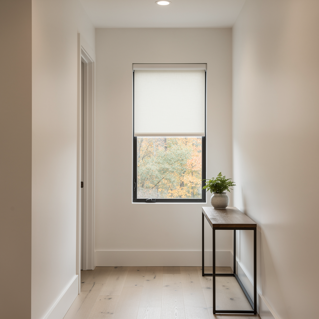 Minimal hallway with white walls, a small table with a plant, and a window with roller shades.