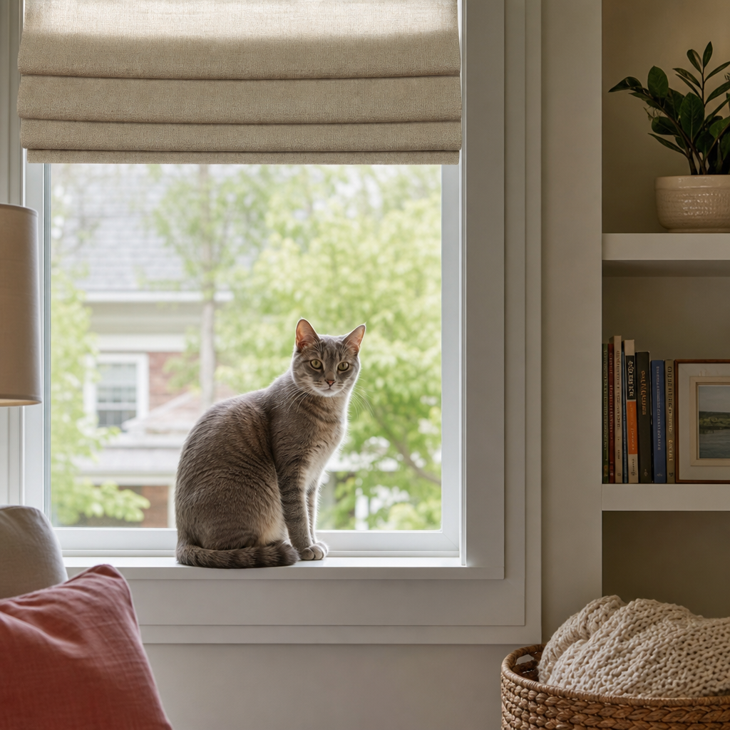 Gray tabby cat sitting on a windowsill in a bright living room, under roman shades.