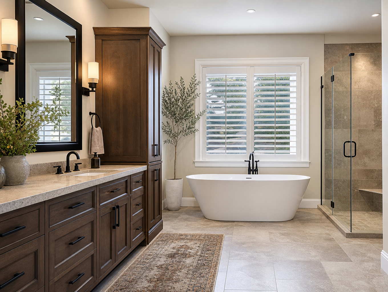 Modern bathroom with dark wood vanity, freestanding tub, white shutters, and glass shower on light tile floor
