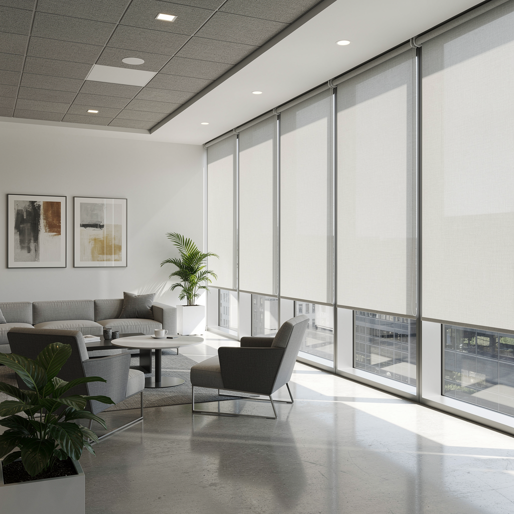 Modern office lounge with gray seating, wall art, and large floor-to-ceiling windows with solar shades.