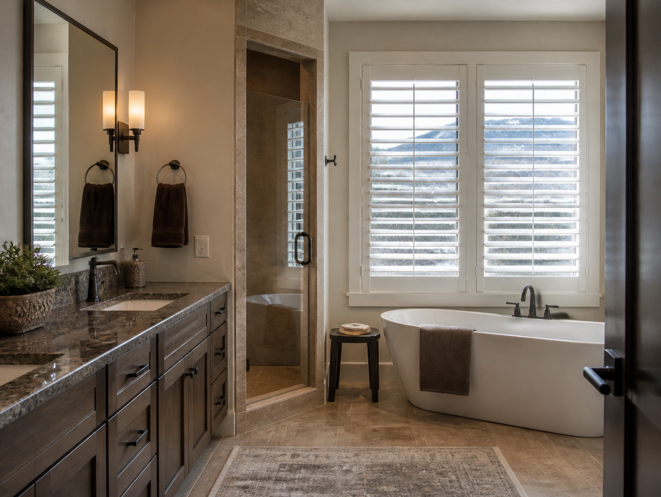 Modern bathroom with dual sinks, large mirror, freestanding tub, and window shutters.