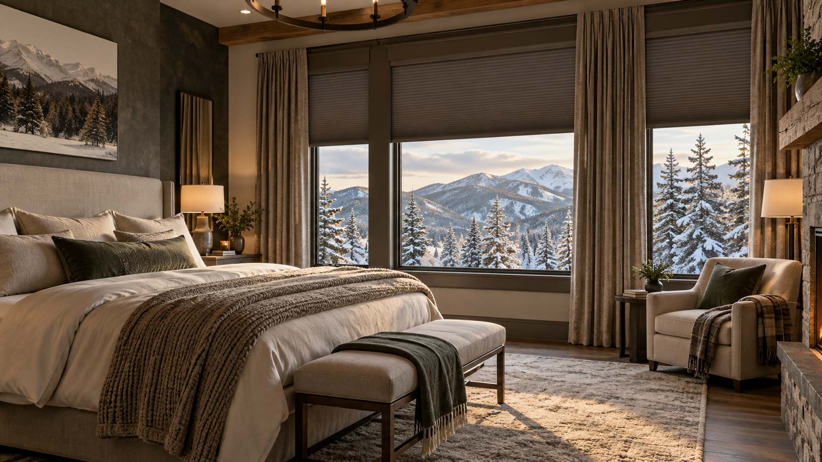 Cozy bedroom with a large mountain-view window, neutral decor, and a plush bed and bench.