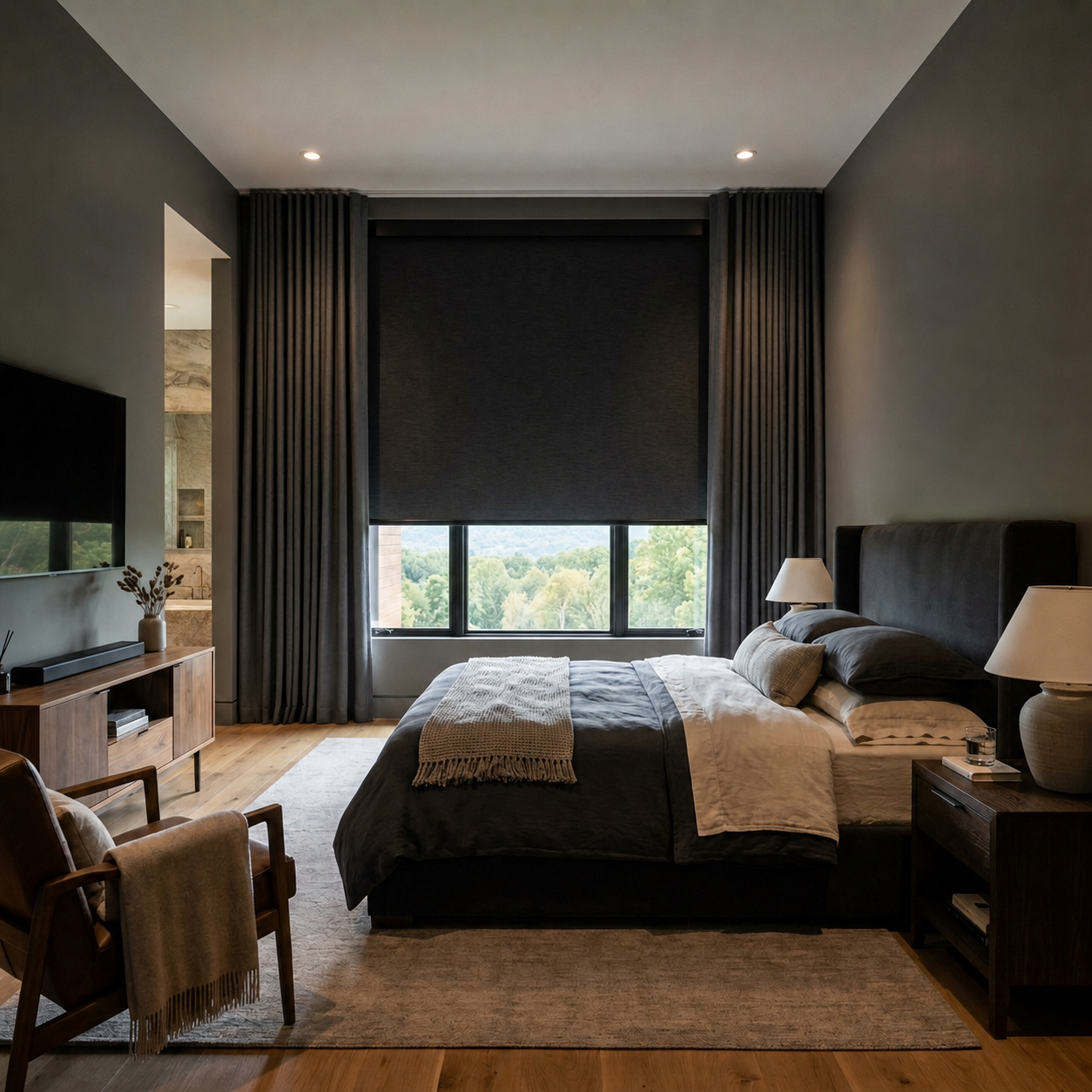 Modern bedroom with dark curtains, large window, bed, armchairs, and warm neutral decor