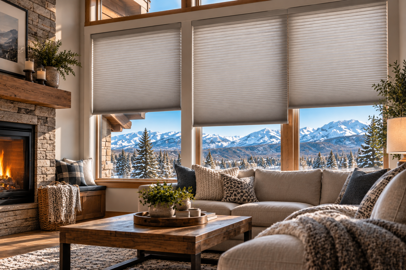 Cozy living room with fireplace, large windows, and mountain views beyond a sofa and coffee table