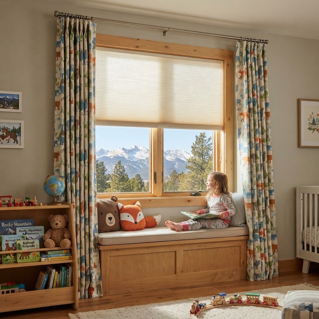 Child reading on a window seat in a cozy bedroom with mountain view and colorful curtains