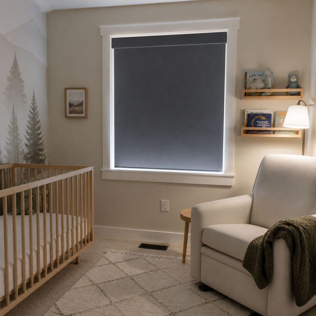 Nursery with crib, beige armchair, dark window blackout shade, and a small bookshelf with lamp.