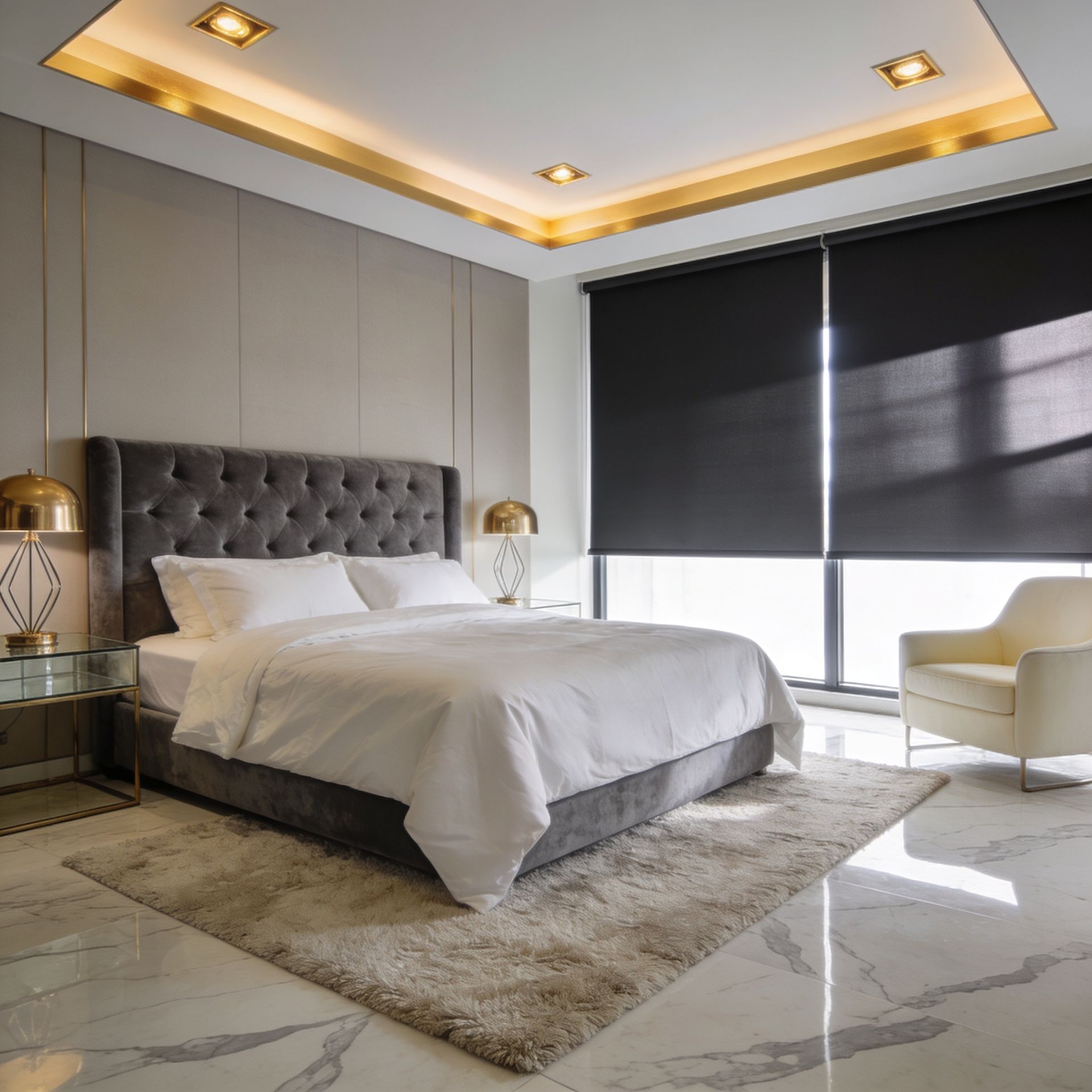 Modern bedroom with gray tufted bed, white bedding, marble floor, and black window shades