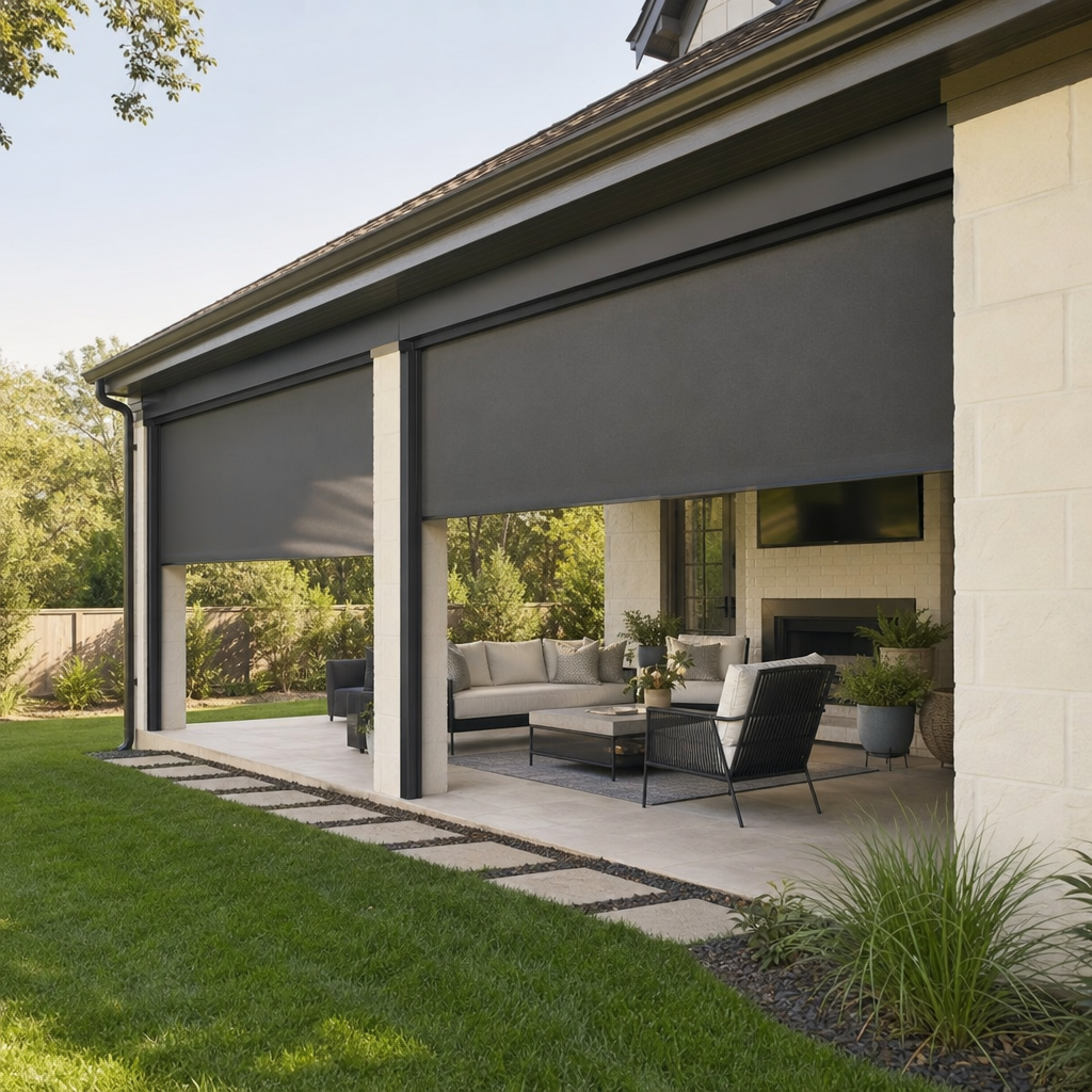Modern patio with gray exterior patio shades, outdoor seating, and green lawn beside a house