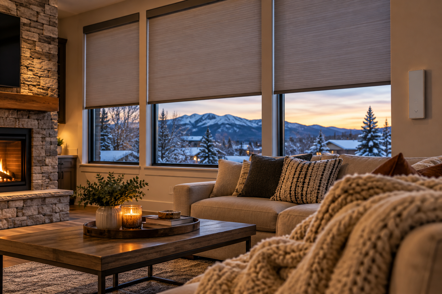 Cozy living room with fireplace, mountain view windows, and motorized roller shades. 