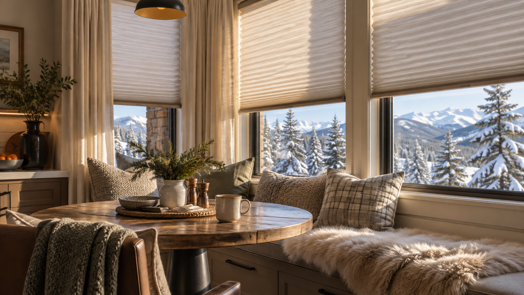 Cozy dining nook with round table, cushions, honeycomb shades and drapery, and snowy mountain view through large windows