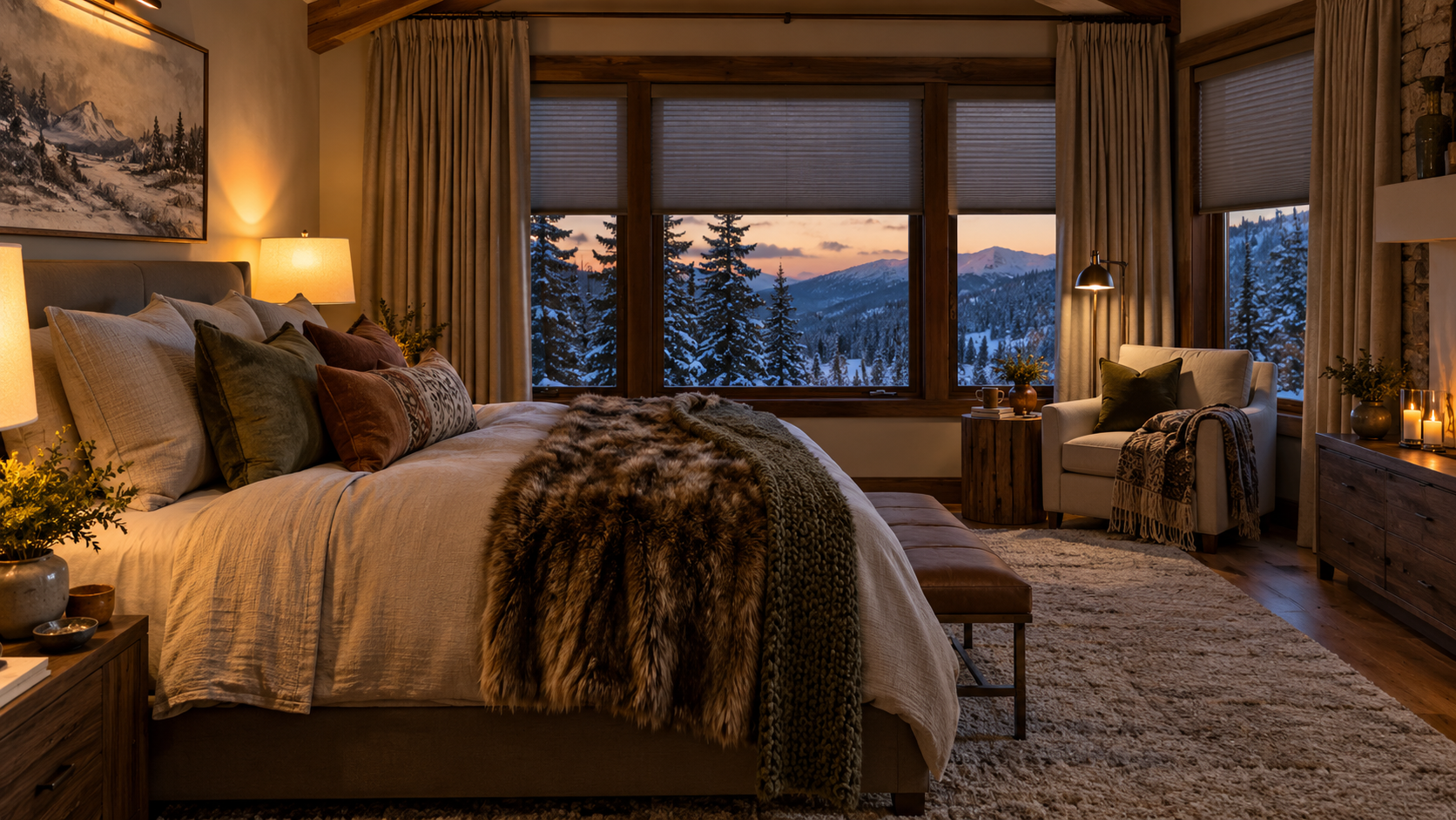 Cozy bedroom with a large bed, warm lighting, and a window with layered window treatments and a view of snowy mountains at dusk