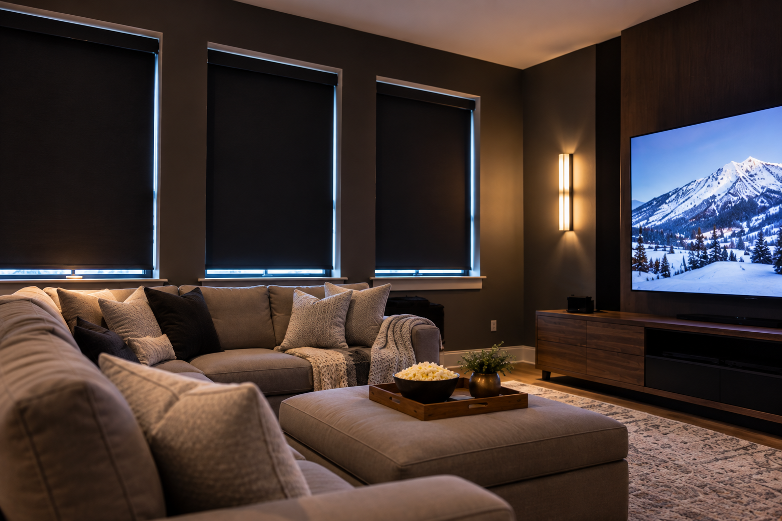 Cozy living room with gray sofas, dark roller shades, and a TV showing snowy mountains.