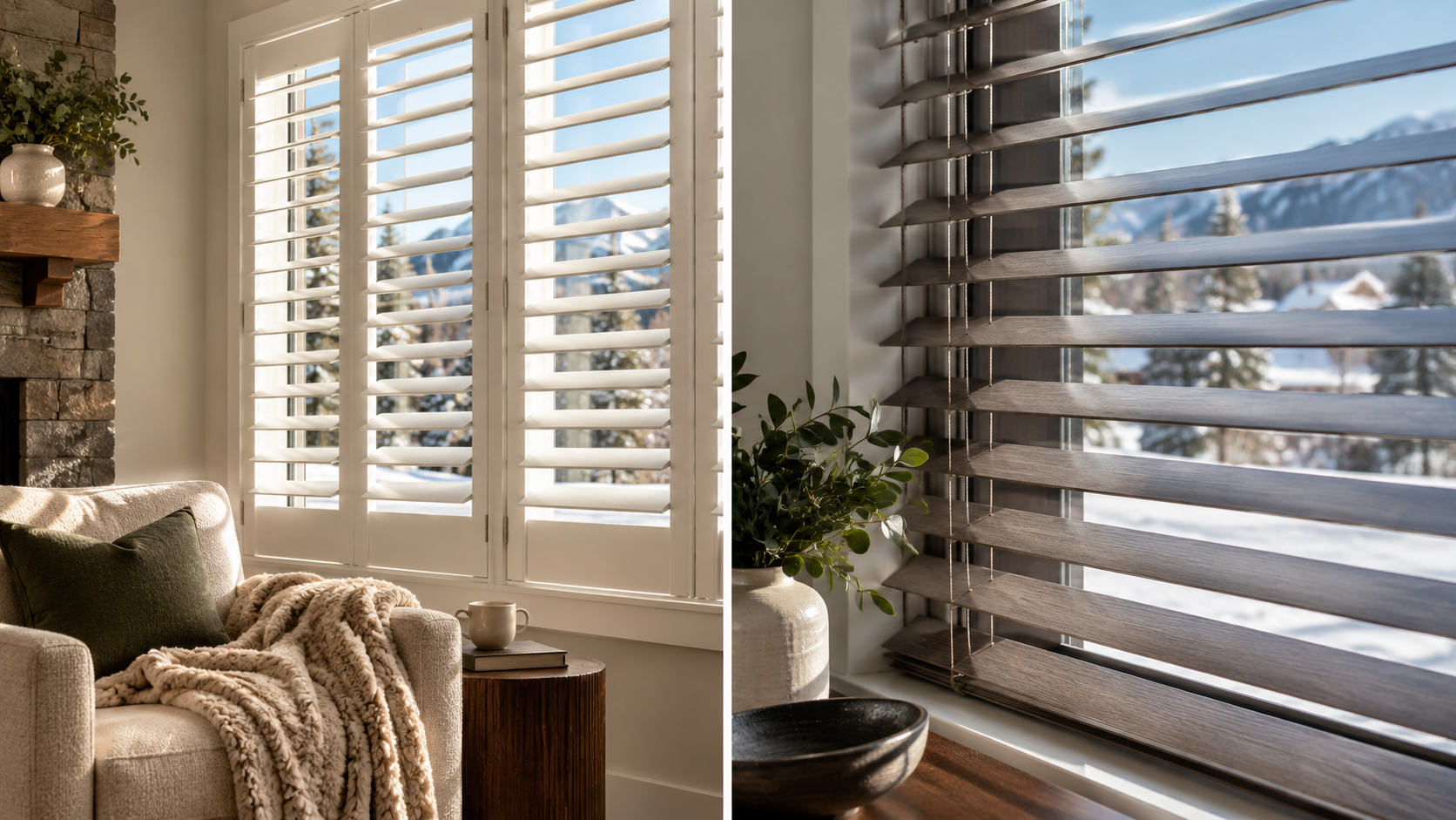 Split screen showing how shutters look in a colorado home verses blinds.