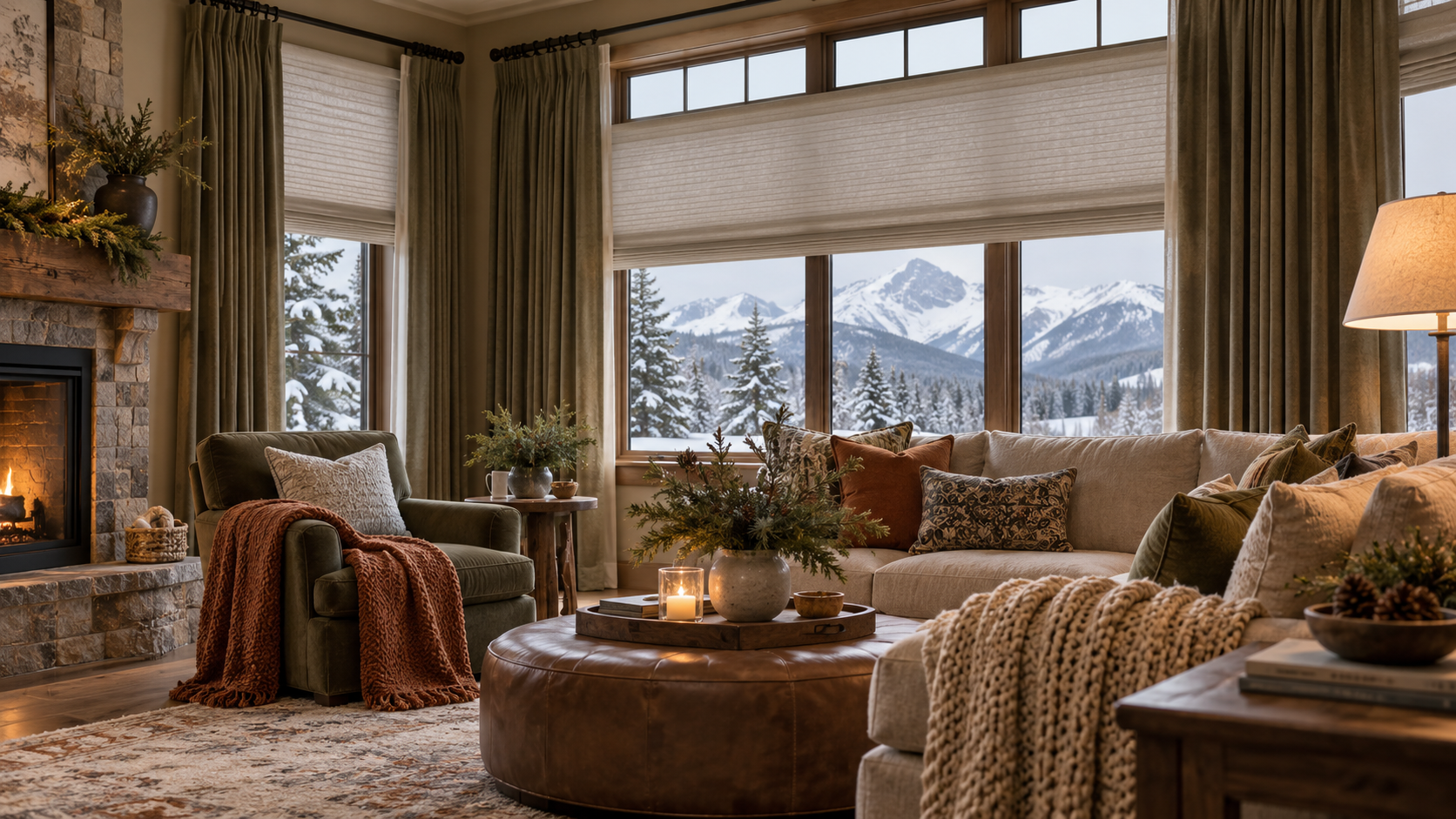 Cozy mountain lodge living room with fireplace, large windows with layered window treatments, and snowy view outside