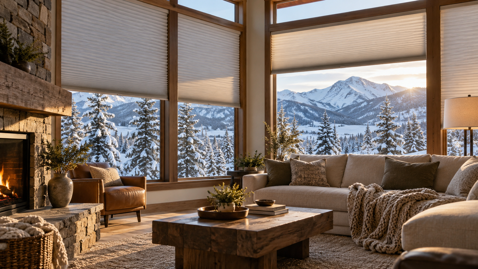 Cozy living room with mountain view, large windows, stone fireplace, and neutral sofas