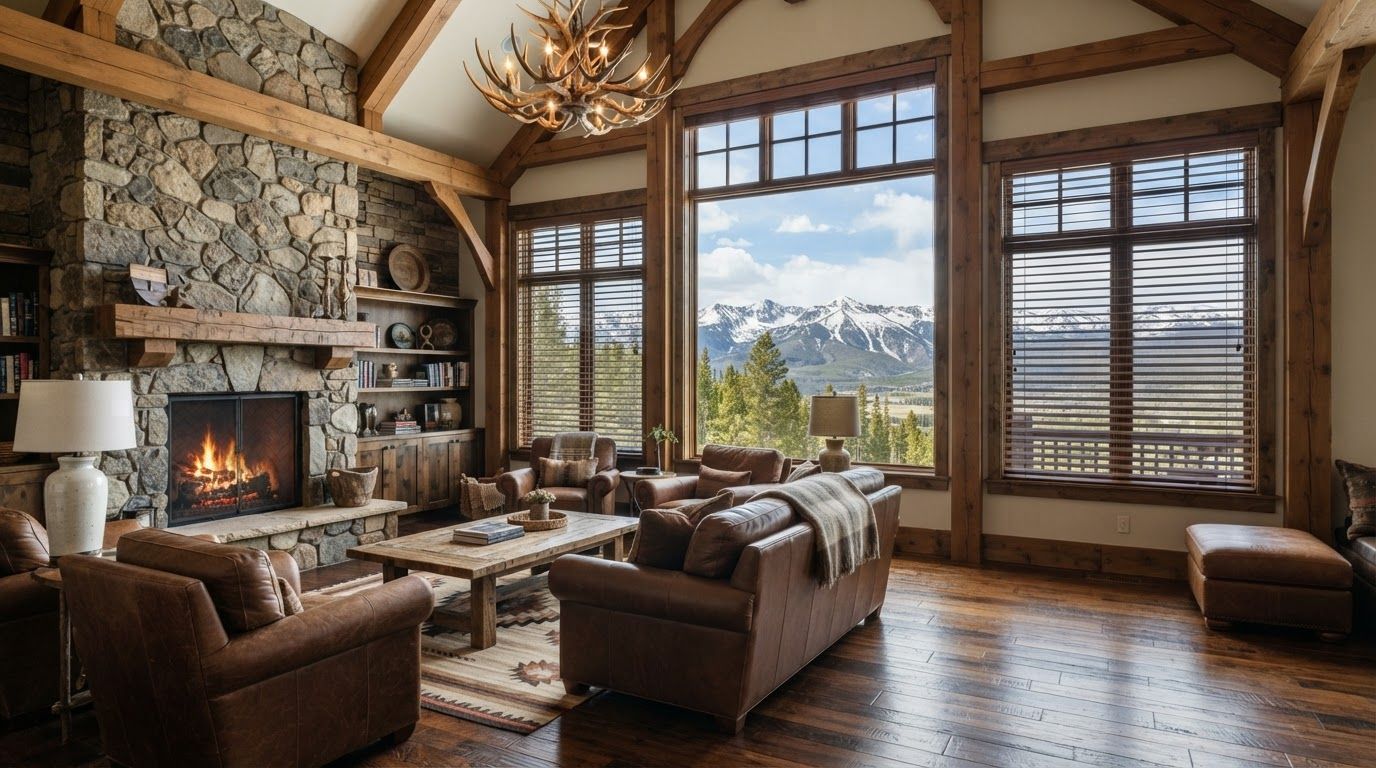 Cozy mountain lodge living room with stone fireplace, leather chairs, and large windows overlooking snowy peaks