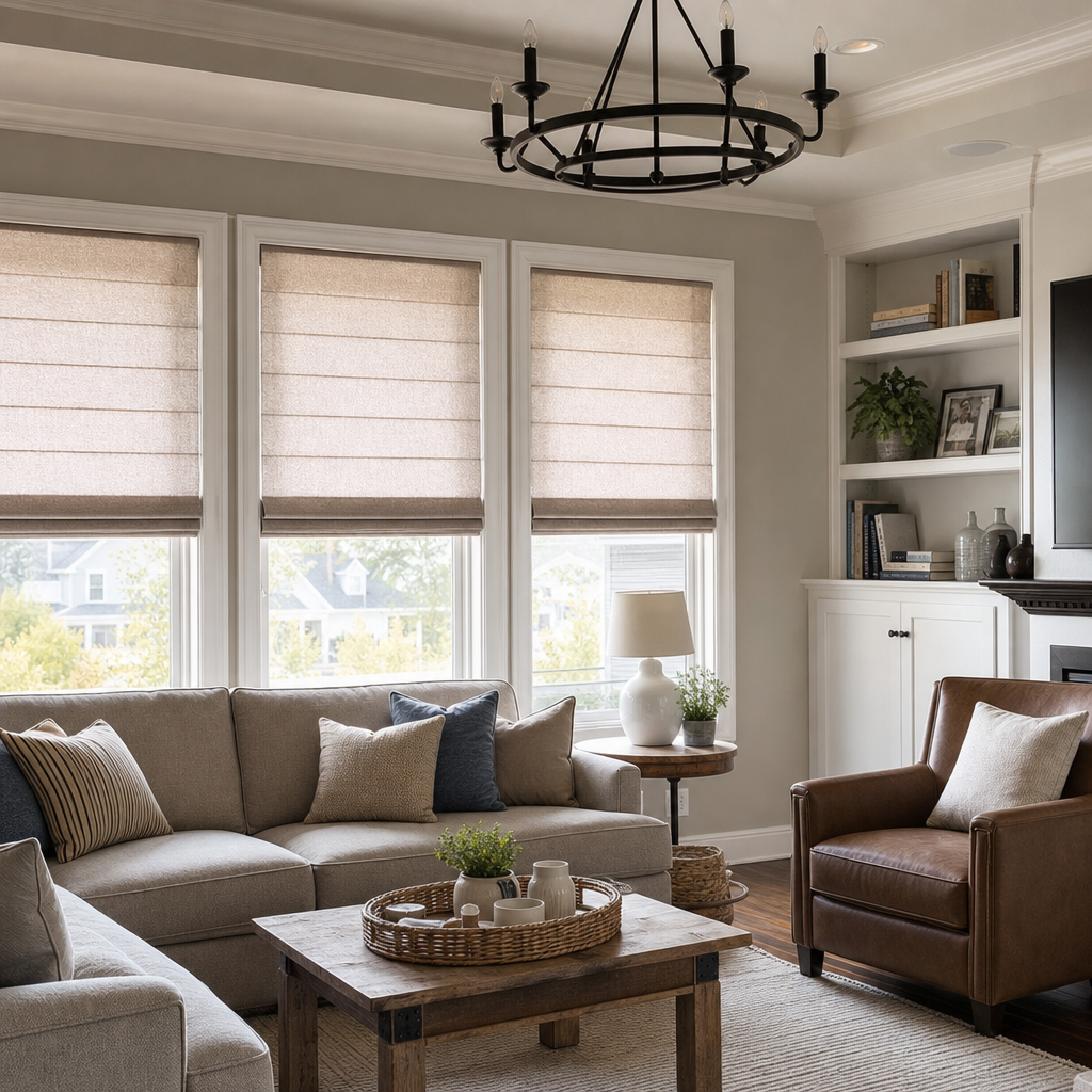 Bright living room with beige sectional, brown armchair, wooden coffee table, and large windows with roman shades
