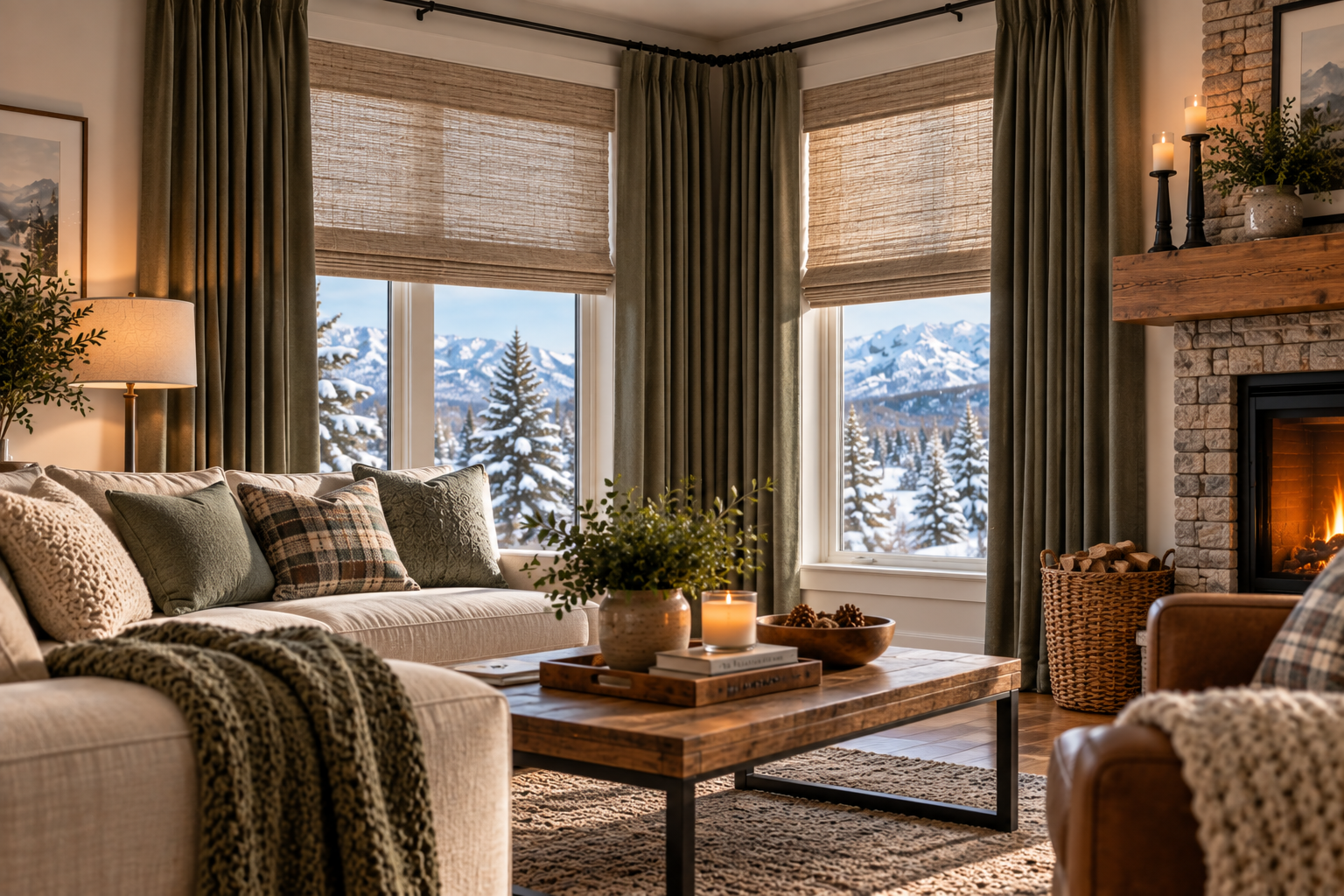 Cozy living room with a fireplace, sofa, and snowy windows with woven wood shades overlooking winter trees