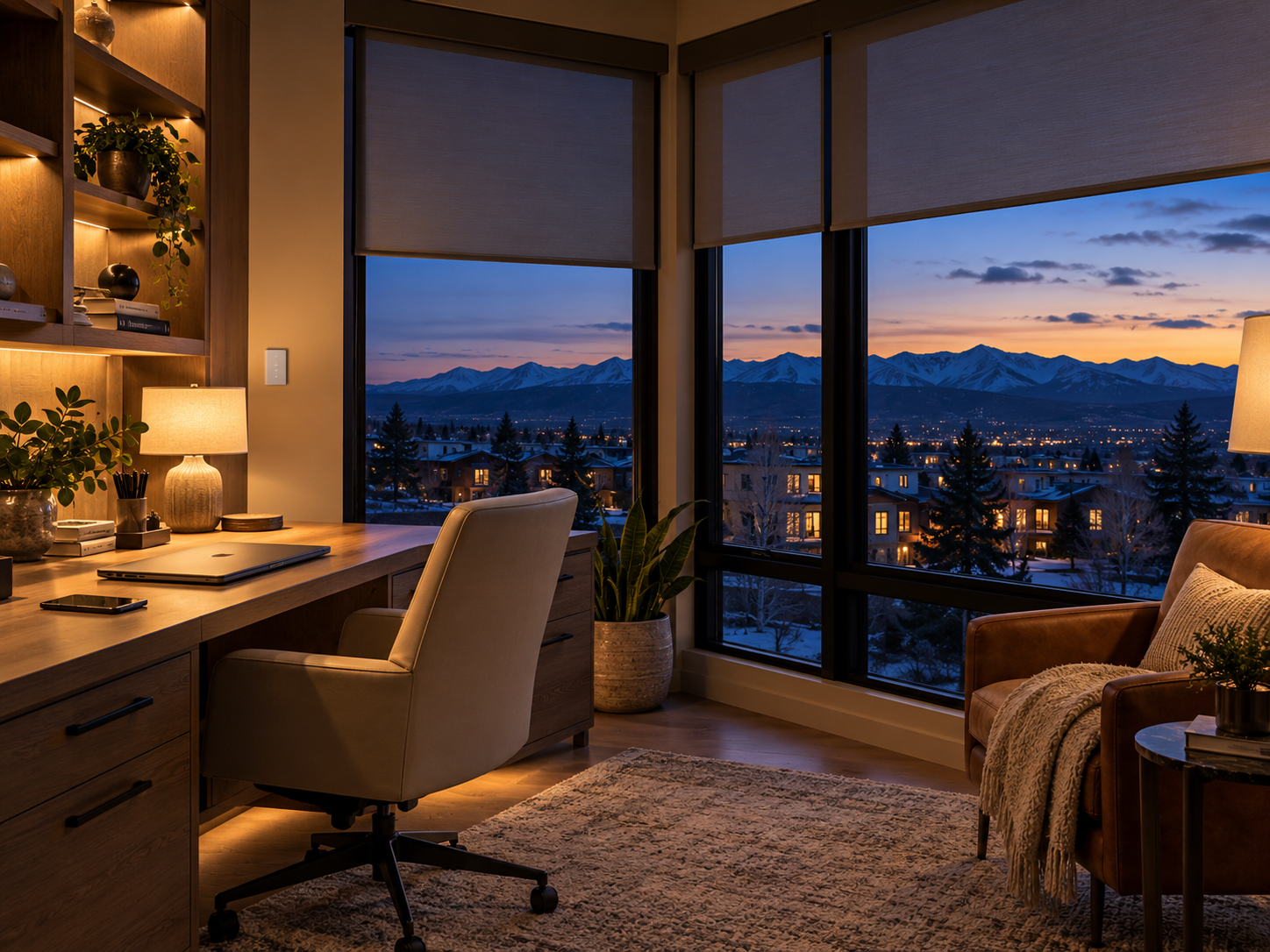 Cozy home office with desk, chair, warm lamp light, and large windows with roller shades.