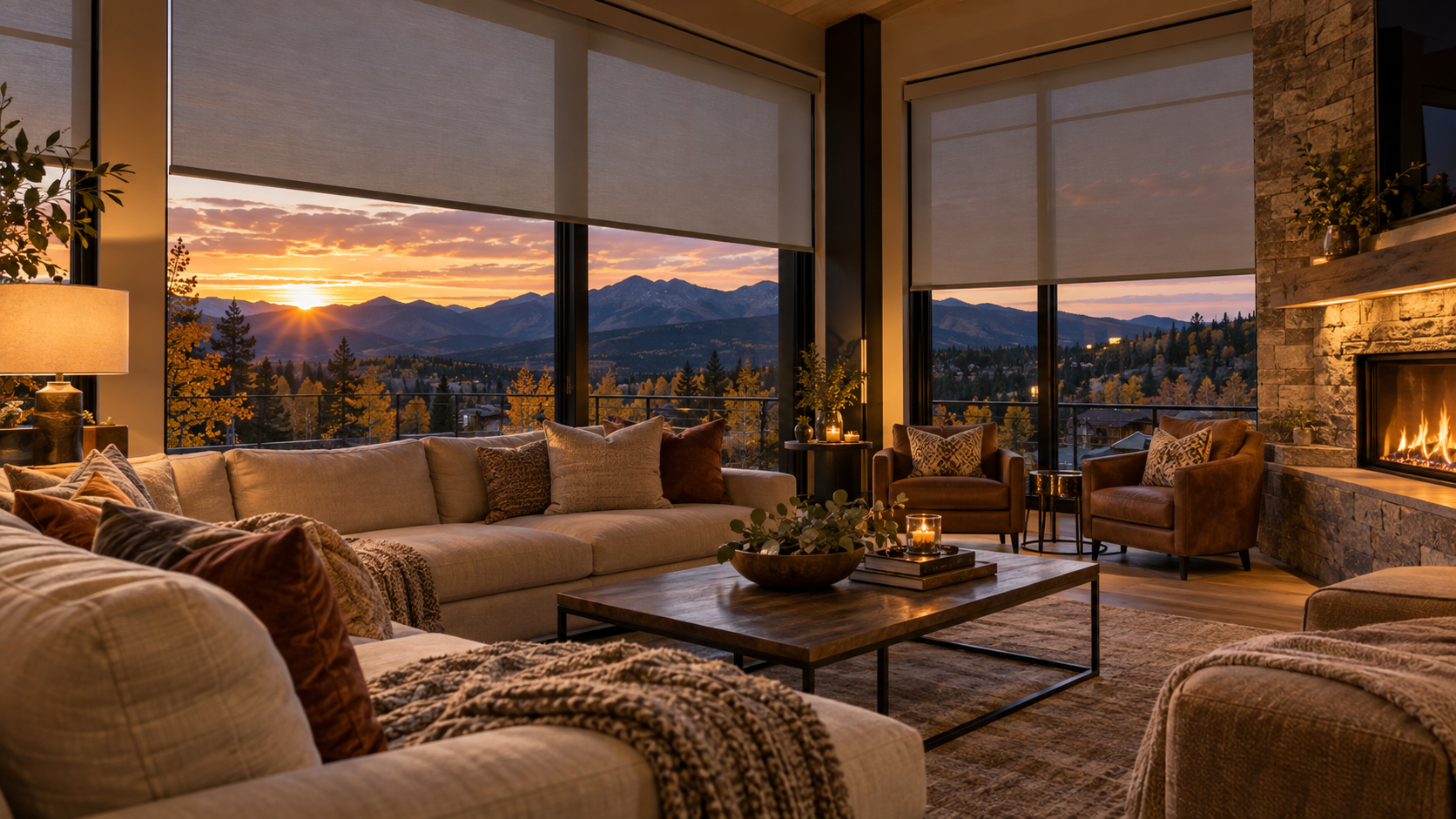 Cozy living room with large windows overlooking a sunset mountain view and city lights
