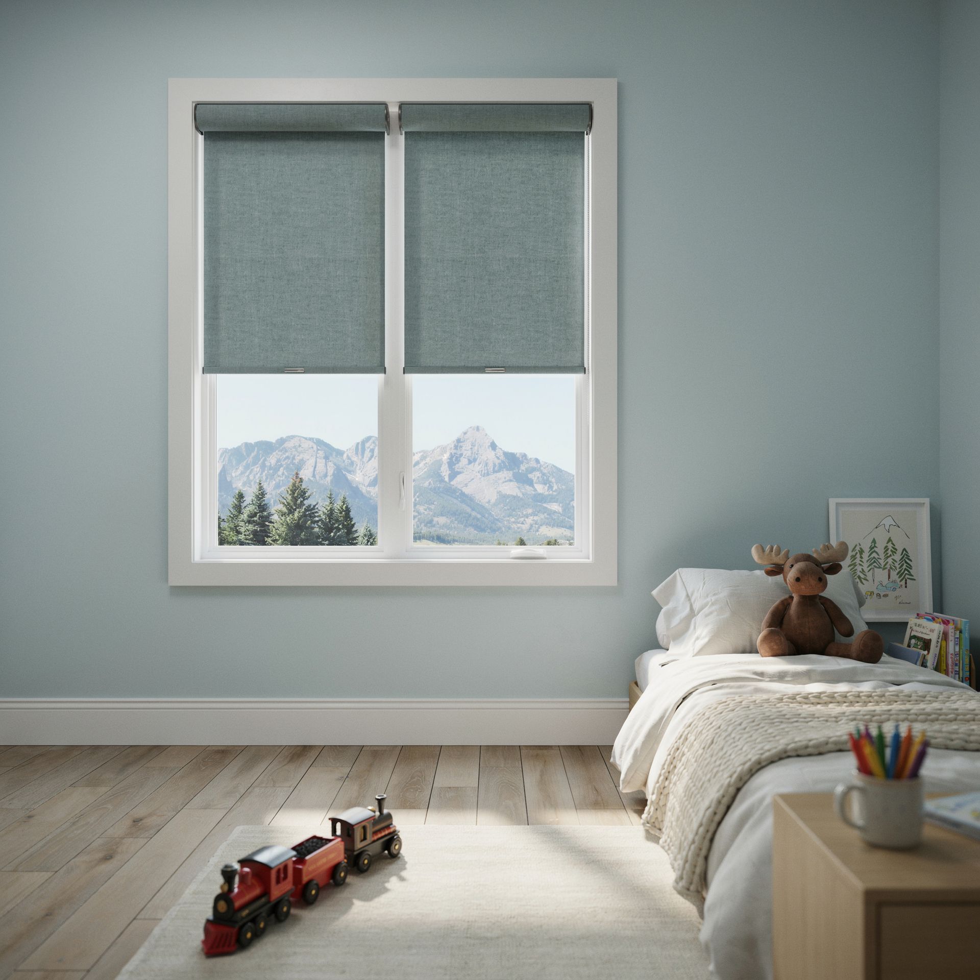 Bright nursery bedroom with train toys, a bed, and a window showing snowy mountains.