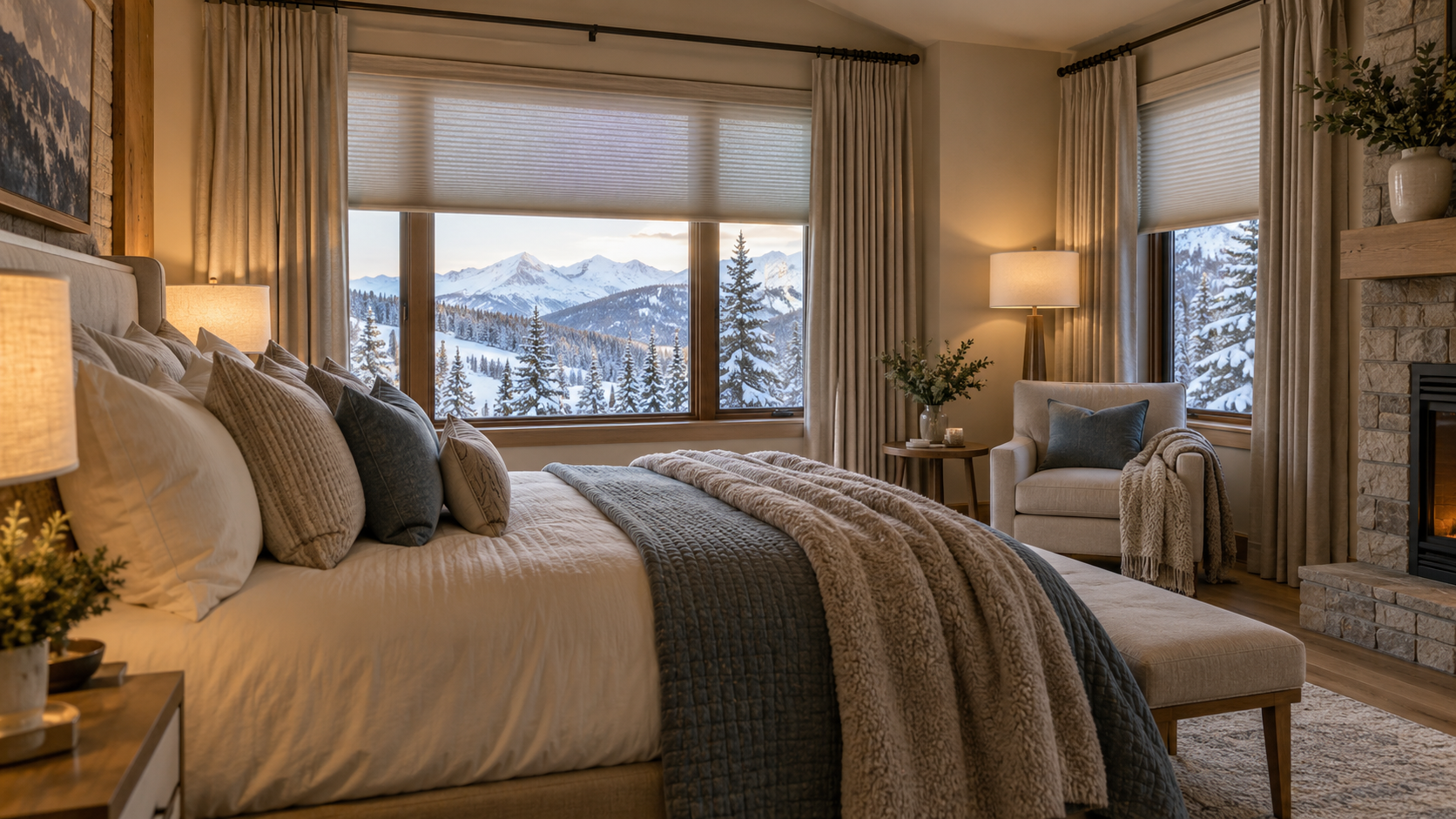 Cozy bedroom with a large bed, armchair, layered window treatments, and snowy mountain view through wide windows