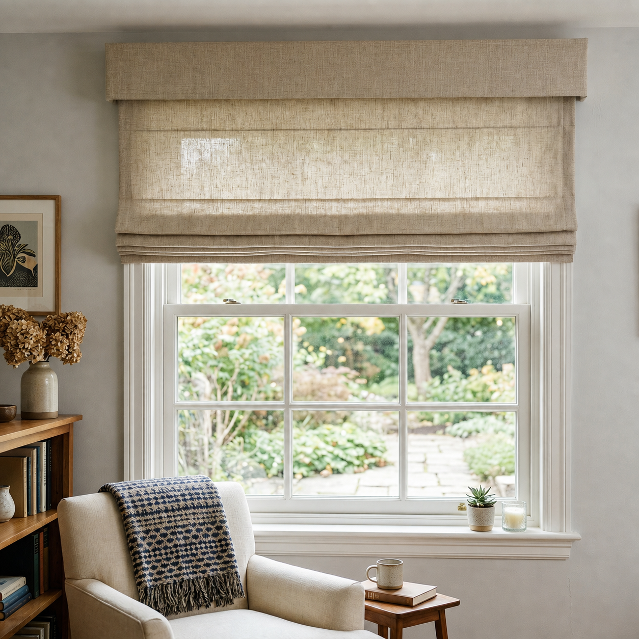 Bright living room with a large window, woven Roman shade, armchair, and side table overlooking a garden.