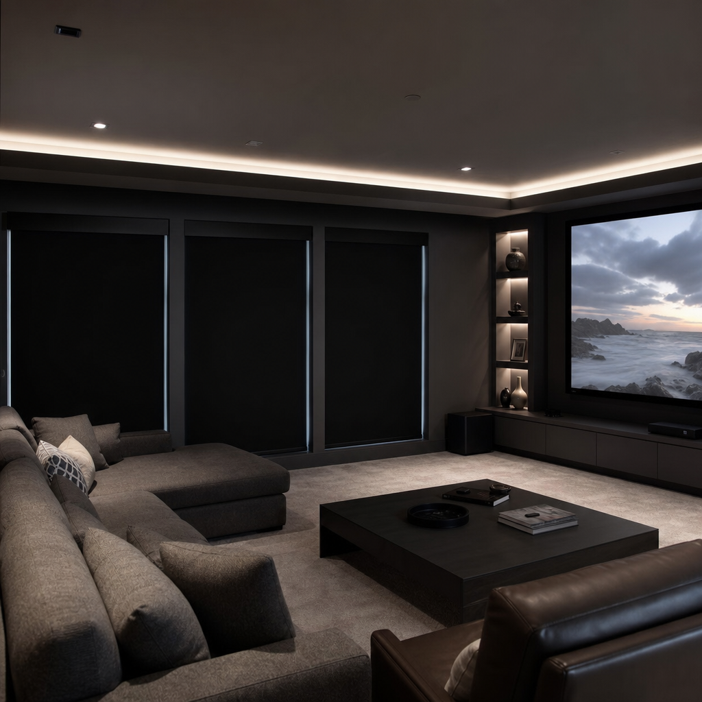 Modern dark gray media room with sectional sofa, coffee table, and large window wit blackout shades.