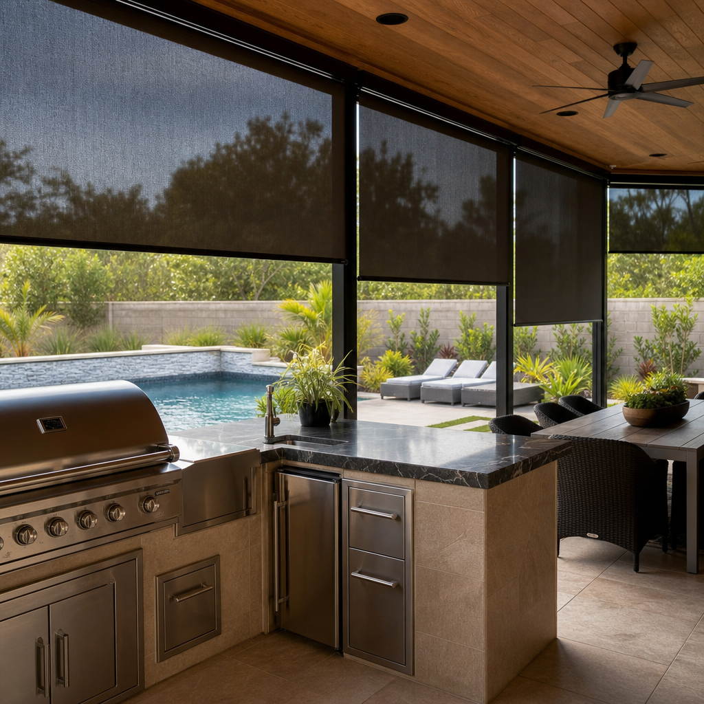 Covered patio with outdoor kitchen overlooking a backyard pool and outdoor patio shades.