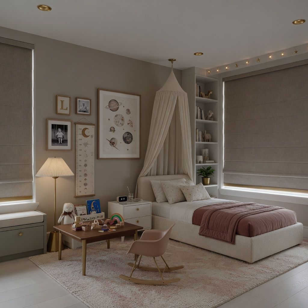 Cozy child's bedroom with canopy bed, bedside lamp, rug, desk, wall art, and gray roman blackout shades.