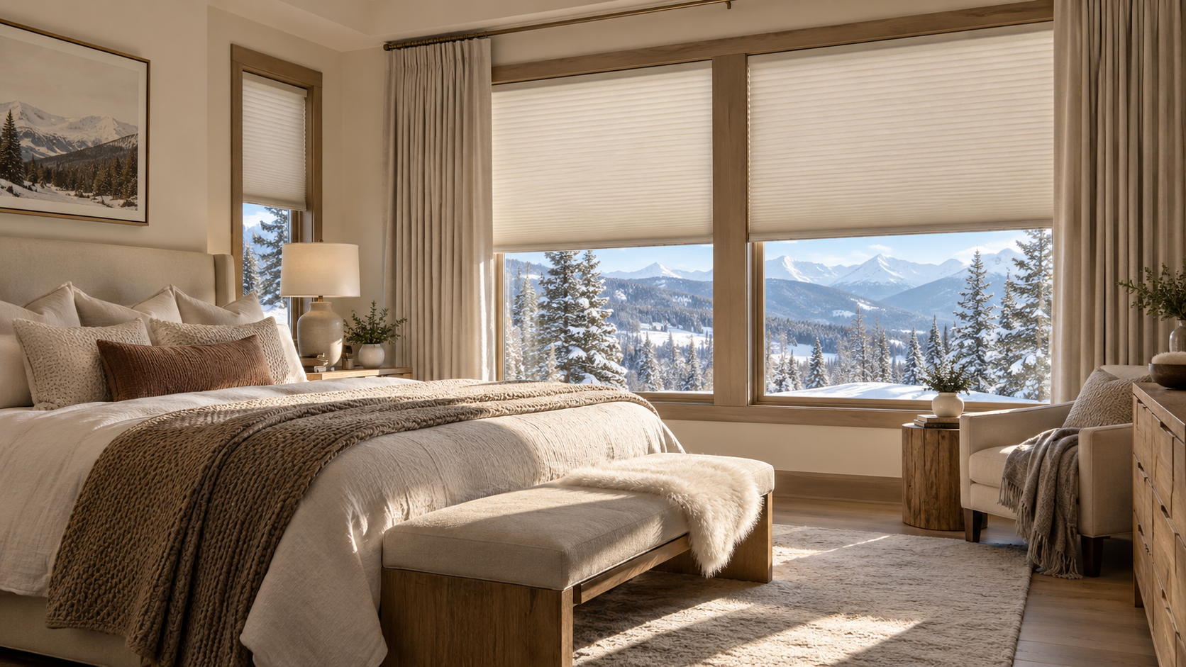 Cozy bedroom with a large bed, beige cellular shades and custom drapery, and snowy mountain views through wide windows