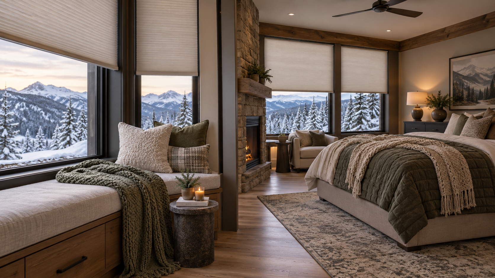Cozy mountain bedroom with large windows and honeycomb shades, snowy peaks, and a bed, bench, and armchair in warm neutral tones