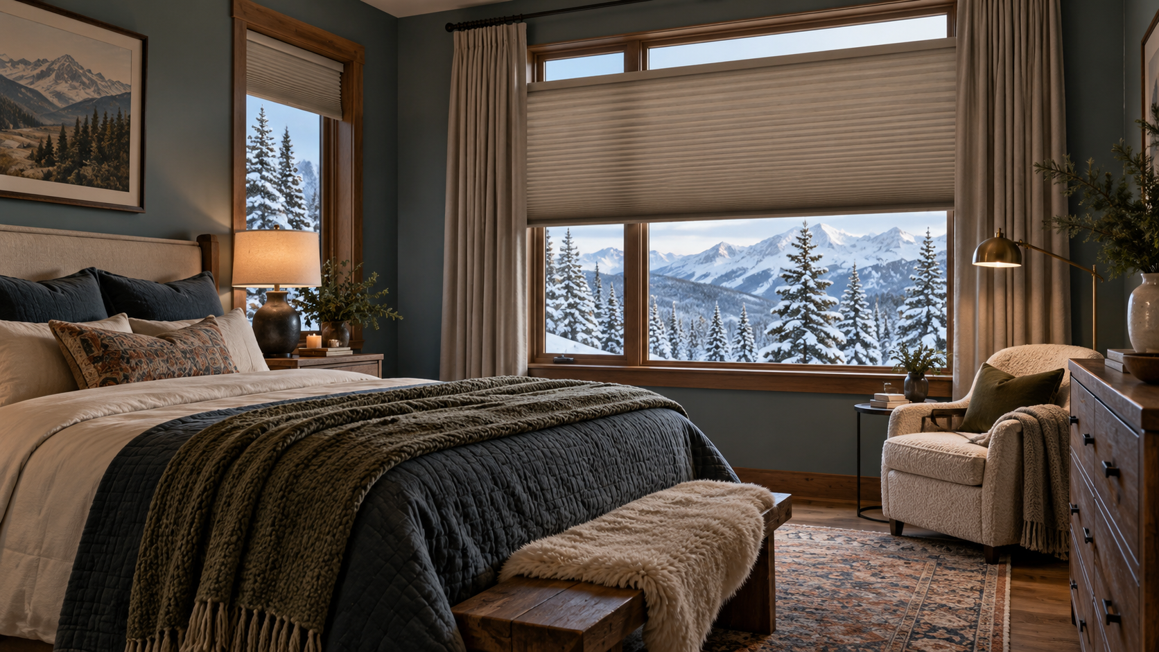 Cozy bedroom with large window, snowy mountain view, bed, armchair, and warm neutral decor with honeycomb shades.