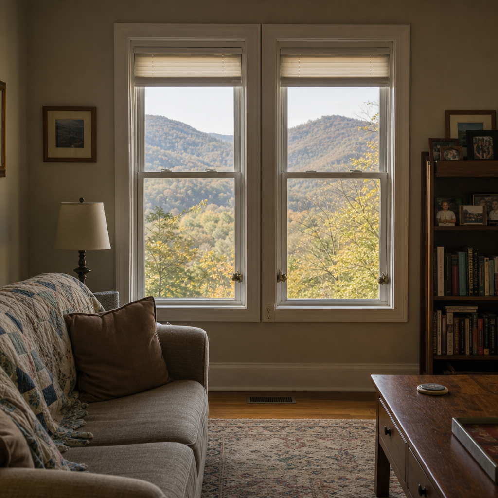 Cozy living room with sofa and coffee table, looking out a window with blinds and a mountain view.